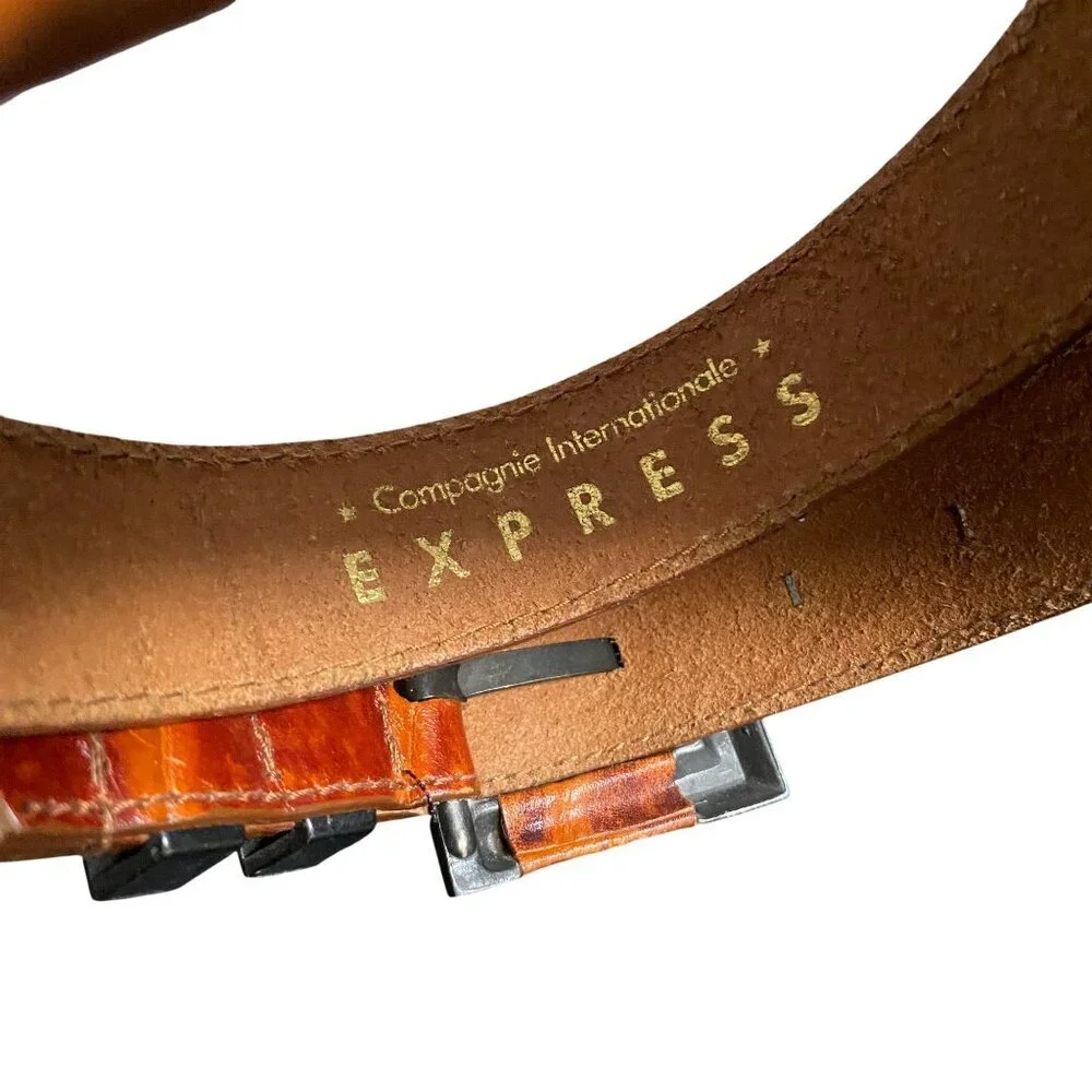 Vintage 90s Express Embossed Brown Leather Croc Belt Brass Buckle - Size Medium